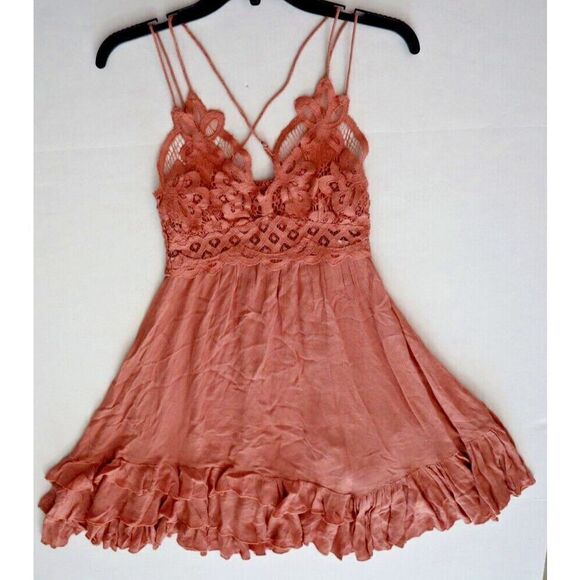 Intimately Free People Women's Sz S Rose Pink Adella Frilled Chemise Slip Dress - Picture 12 of 14